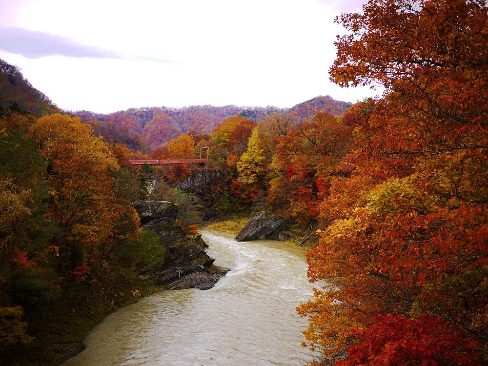 竜仙峡・千鳥ヶ滝に紅葉広がる夕張川の渓谷美「滝の上公園」