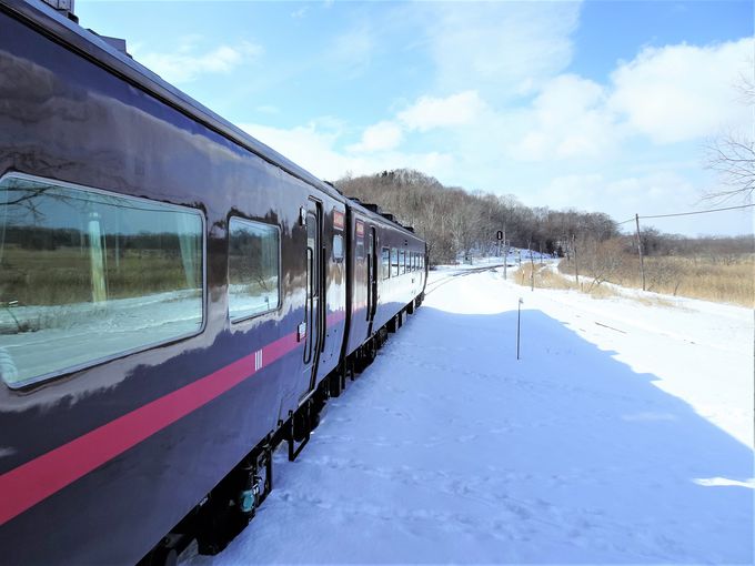 北海道の冬の鉄道旅を楽しむシンプルな車内