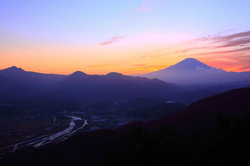 日没直後は夕焼け空を背景に富士山と酒匂川を観賞