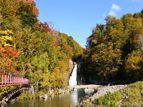 日本の滝100選の名瀑！赤い吊り橋が映える秋田「法体の滝」